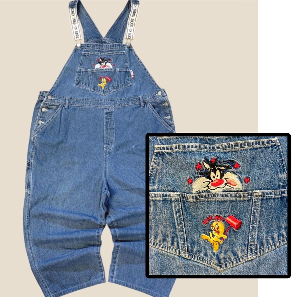 Vintage Looney Tunes Overalls 90s Womens 22/24 Sylvester Tweety Denim Bib Adult - Picture 1 of 16